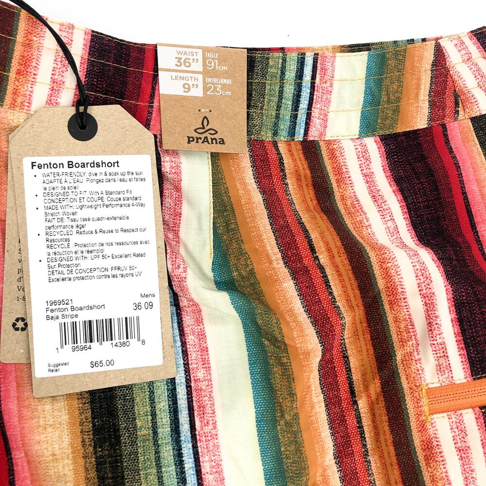 PRANA Mens Fenton Board Shorts Size 36 XL Multi Baja Stripe 9" Inseam UPF 50 NWT - Picture 8 of 9